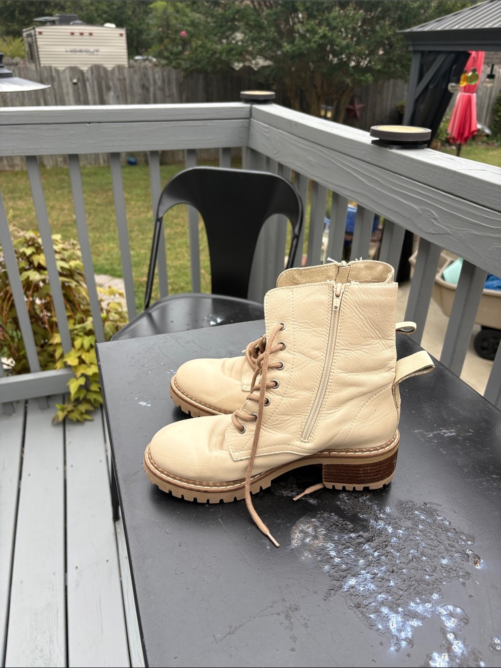Beige Lace-Up Leather Combat Boots with Side Zip